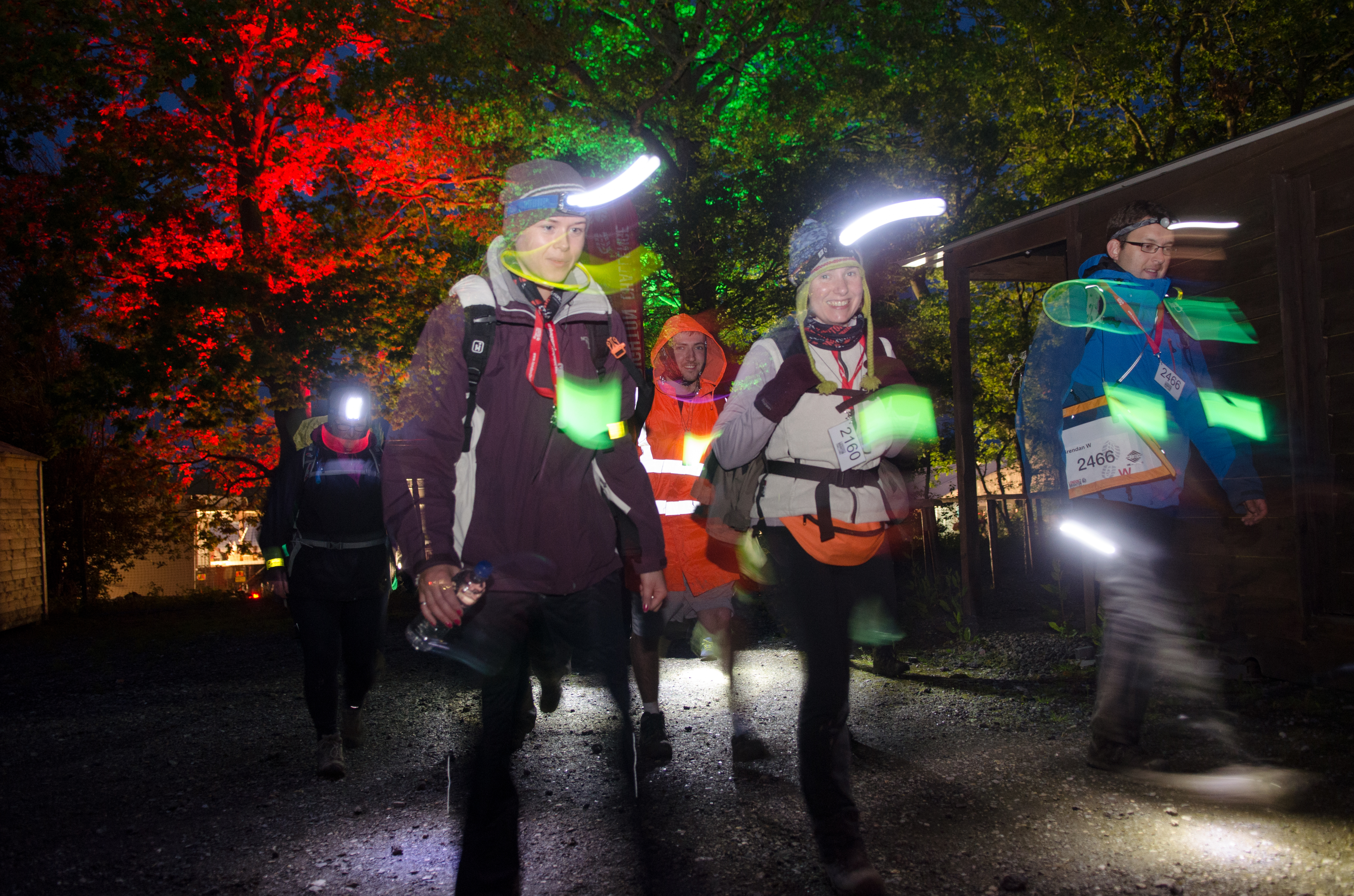 Two female walkers in winter coats and head torches walking on the Thames Moonlight 10 walk